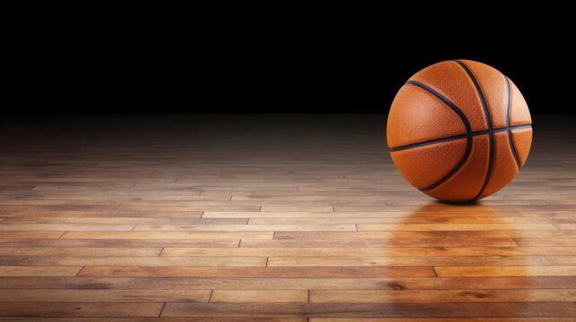  a close up of a basketball on a hard wood floor with a black back ground and a black wall in the background.