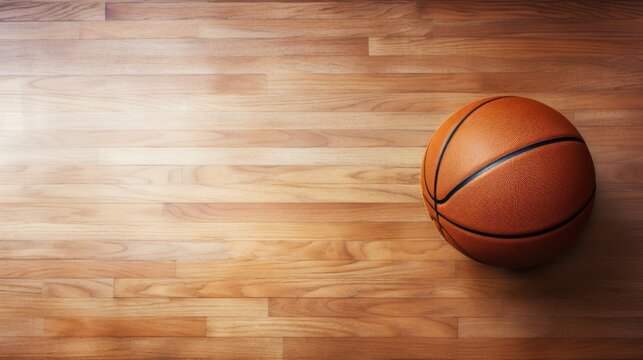  an overhead view of a basketball sitting on a hardwood floor with a light shining on the floor and the basketball in the middle of the floor.