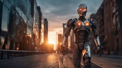 Obraz premium knight in the city cyborg with ripped flesh revealing robot under human skin, 