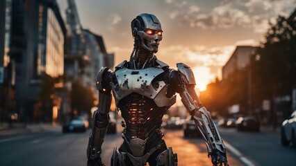 Fototapeta na wymiar cyborg with ripped flesh revealing robot under human skin, Mysterious character walking around 