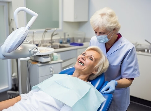 An elderly woman without front teeth sits in a dental chair at a dentist appointment in a clinic.