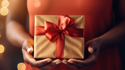  a woman holding a gift wrapped in gold paper with a red ribbon and a bow on the top of it.