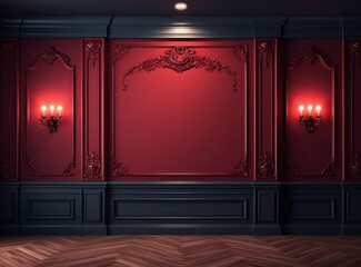 Classic interior red ornate wall with copy space for text for Valentines Day - mockup. Walls with lamps on the sides, ornated mouldings panels, wooden parquet floor and classic cornice.