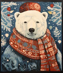 Keuken spatwand met foto Colored linocut of a christmas polar bear in a knitted hat and scarf. Simple flat illustration with winter wildlife theme mutted colors for posters, cards, stickers and notebook covers design. © Irina