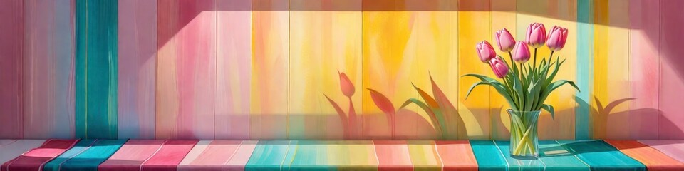 Abstract fancy banner in delicate colors tulips in glass vase, background for your design, concept Valentine's or birthday or Mother's Day or Women's Day, place to insert text