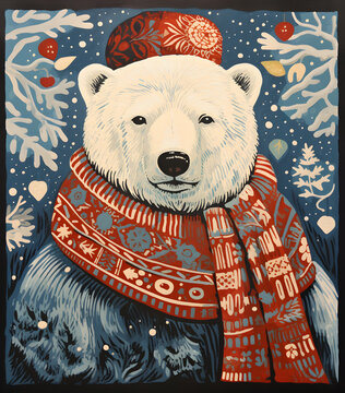 Colored linocut of a christmas polar bear in a knitted hat and scarf. Simple flat illustration with winter wildlife theme mutted colors for posters, cards, stickers and notebook covers design.