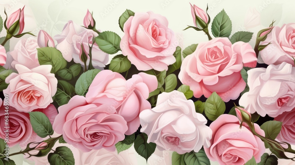 Wall mural floral background with pink roses and green leaves.