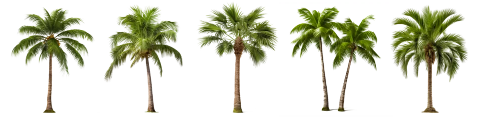 Foto op Canvas A set of coconut palm images cut out on a transparent background. Close-up of exotic trees in PNG format, side view. Clipart of trees to insert into a set or project. © AGSOL