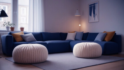 Two knitted poufs near dark blue corner sofa. Scandinavian home interior design of modern living room. Generated AI