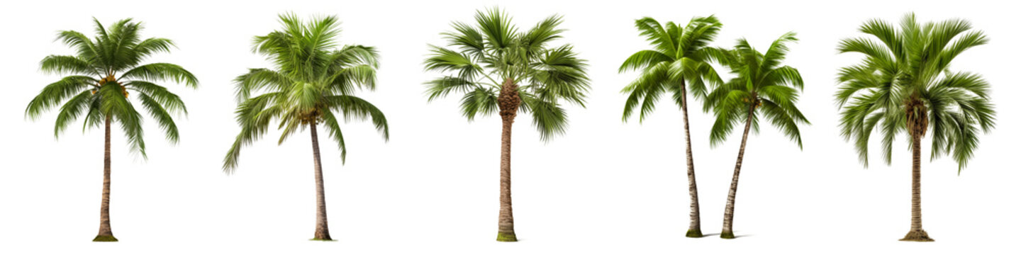 A set of coconut palm images cut out on a transparent background. Close-up of exotic trees in PNG format, side view. Clipart of trees to insert into a set or project.