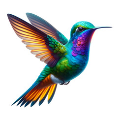 Naklejka premium Vibrant Mid-Flight Hummingbird with Gradient Feathers, Detailed Shimmering Texture in Nature - Concept of Grace, Agility & Natural Beauty