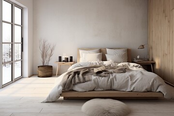 Minimalistic Scandinavian bedroom adorned with natural textures and a touch of contemporary elegance