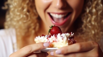 woman eating a cake with cream extremely closeup