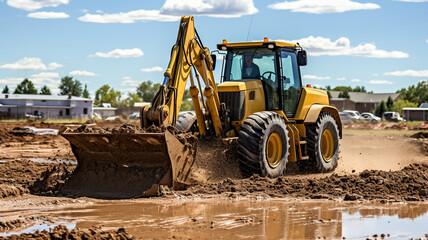 Backhoe digging soil on construction site and making foundation.

 - obrazy, fototapety, plakaty