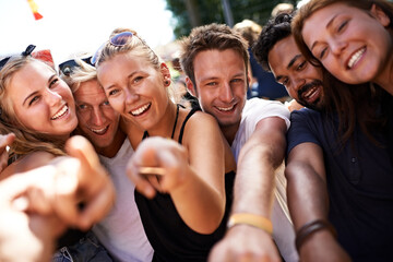 Festival friends, summer portrait and happy people, crowd or audience bond, smile and holiday...