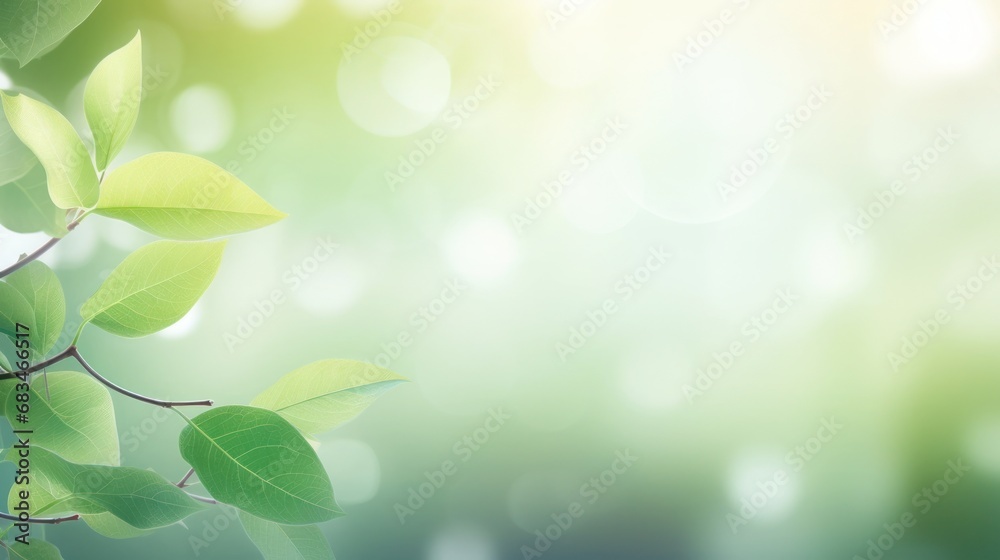 Poster close-up of light green leaves and sunlight. blurred background. beautiful natural bokeh. copy the s