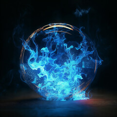 Glowing sphere with blue fire on black background.