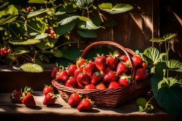 Freshly picked strawberries in a straw basket placed in a lush garden