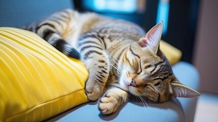 Concept of relaxing and cozy wellbeing. Funny photo of a cute tabby cat sleeping on blue sofa with...