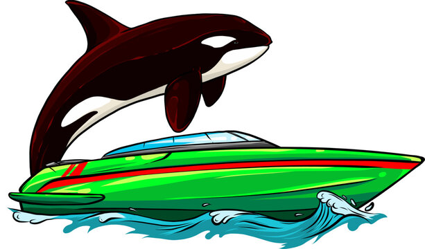 recommend clip art: boat and whale underwater illustration on white background