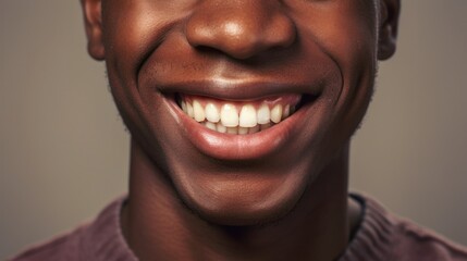 Naklejka premium In a studio setting, a man beams with joy, revealing his perfect teeth against a clear beige backdrop.