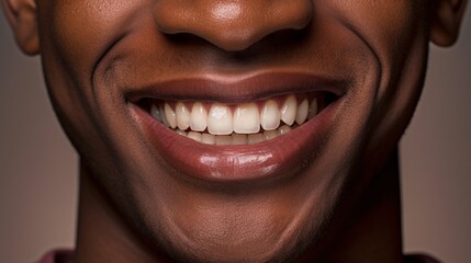 A man's joyful smile and impeccable white teeth shine against a simple studio beige background.