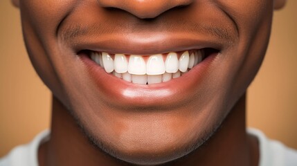 In a studio with a light beige background, a joyous man showcases his perfect teeth with a big smile.