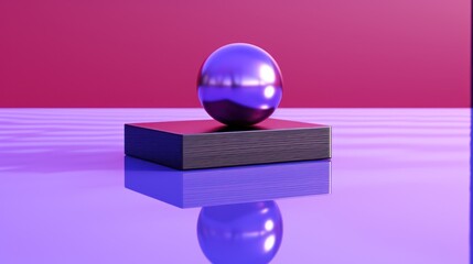  a purple ball sitting on top of a wooden block in front of a purple and pink background with a reflection on the floor.