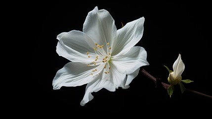  a close up of a white flower on a stem with a black background with a small white flower on the end of the stem.