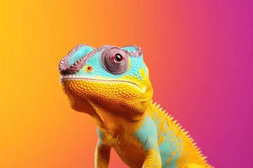 Foto op Canvas A chameleon lizard sitting on top of a table. This image can be used to depict nature, reptiles, or animal behavior. © Fotograf