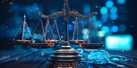 International trade and commerce are reflected in the balance of justice in a digital world, Antique ornate balance scales justice and making decision concept - obrazy, fototapety, plakaty