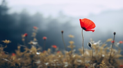 a close up of a red flower on a field of grass with fog in the back ground and trees in the background.