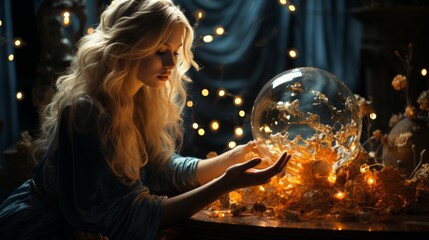 a woman looking at a glass globe - obrazy, fototapety, plakaty