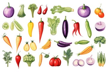 A collection of various fresh vegetables neatly arranged on a clean white surface. Perfect for illustrating healthy eating, cooking, nutrition, or farm-to-table concepts.