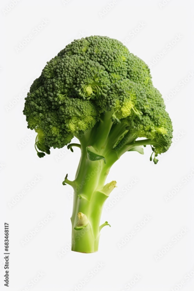 Poster a single piece of broccoli is pictured on a clean white background.e