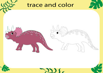 Trace and color the cartoon dinosaur. Handwriting practice for kids. Educational worksheet for children. Printable worksheet. Vector illustration.
