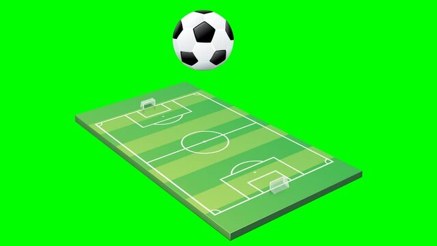 Animation loop of a soccer ball bouncing on a 3D soccer field (outlined on a green background, loop)