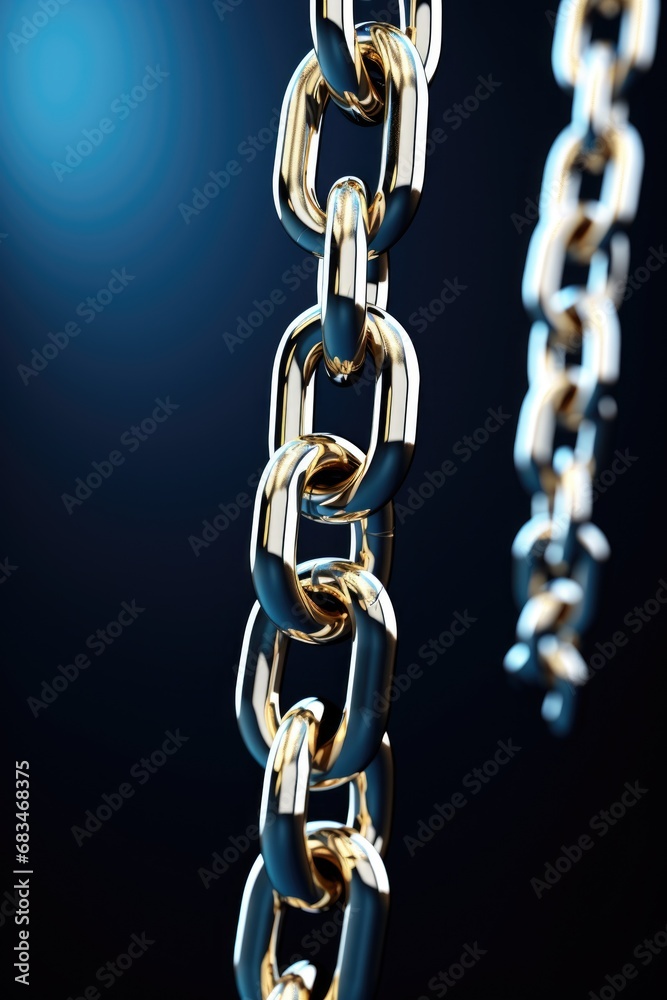 Poster A detailed close up of a chain with a captivating light in the background. This image can be used to represent strength, connection, or illumination in various projects.