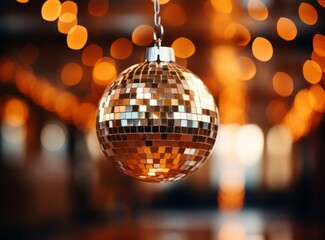 A captivating image of a disco ball hanging from the ceiling, reflecting the blurred orange lights in the background. - obrazy, fototapety, plakaty