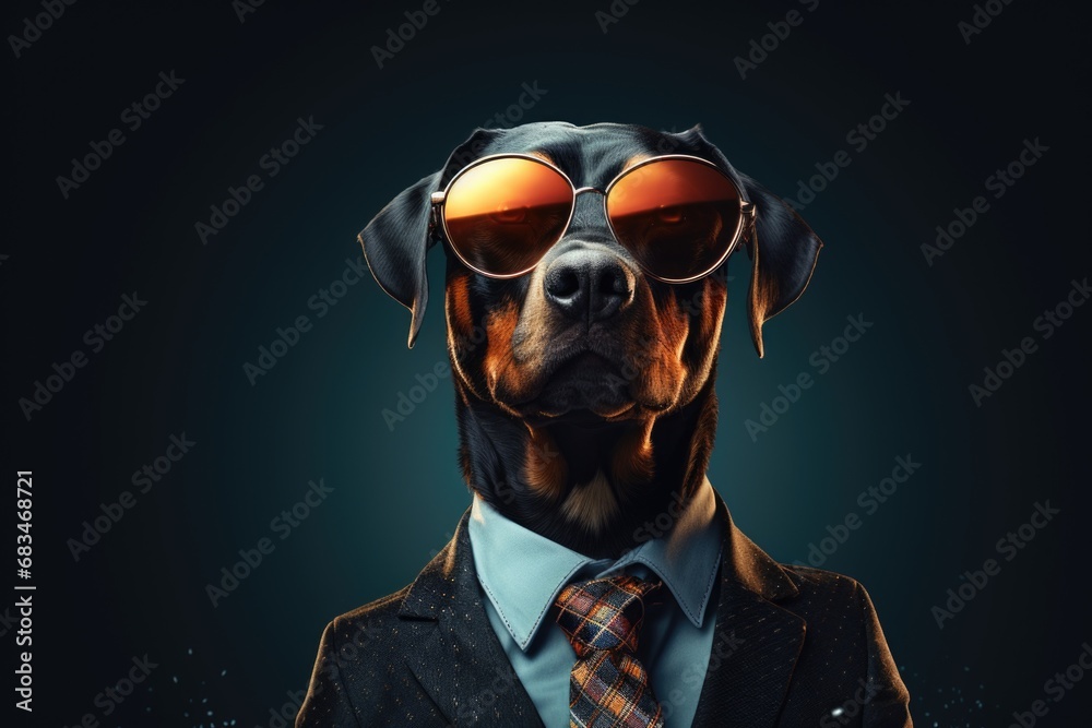 Aufkleber a picture of a dog dressed in a suit and tie, accessorized with sunglasses. this image can be used t