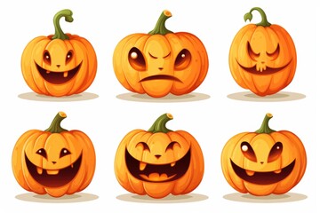A collection of pumpkins with various facial expressions. Perfect for Halloween decorations or festive autumn-themed designs.