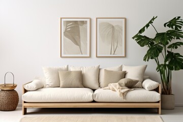 A cozy living room featuring a comfortable couch and a vibrant plant. Perfect for home decor or interior design themes.