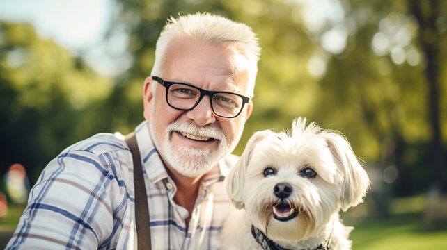 Senior man love with dogy puppy. concept about pets and animals.


