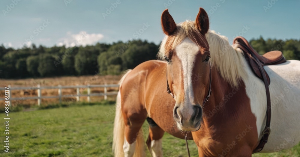 Canvas Prints a brown and white horse standing next to a white and brown horse on a lush green field with trees in