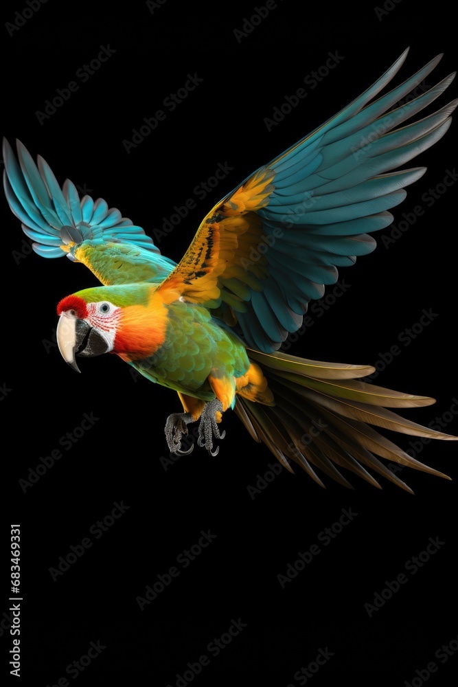 Poster a vibrant parrot is captured mid-flight, showcasing its stunning colors. this image can be used to a