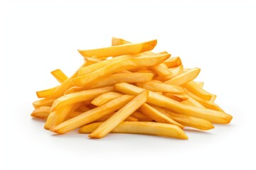 Fototapeta premium A pile of delicious French fries arranged neatly on a clean white surface. Perfect for food blogs, restaurant menus, and fast food advertisements.