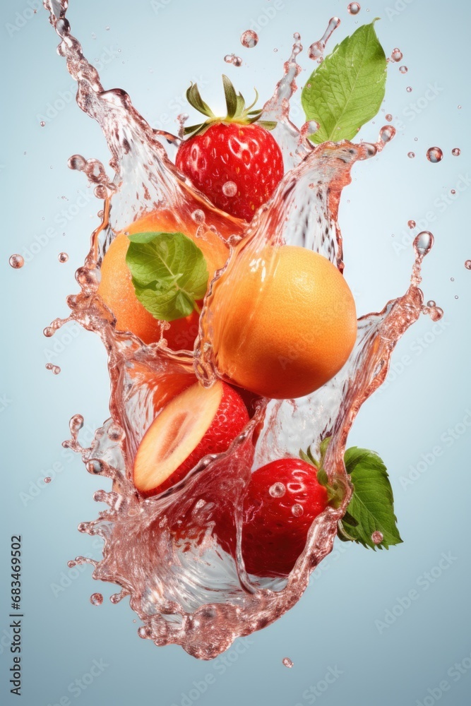 Poster A vibrant and refreshing image of a splash of water with various colorful fruits.