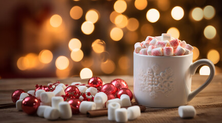Mug of hot cocoa with marshmallows on the background of Christmas lights