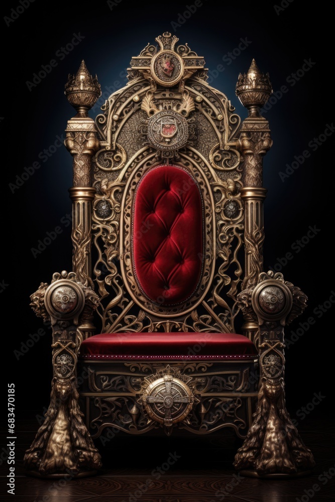 Poster a regal red and gold throne with a clock placed on it. this image can be used to depict royalty, pow