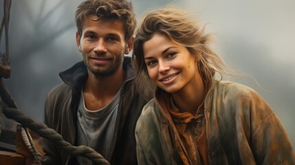 portrait of a young man and woman fisher on a fishing boat - obrazy, fototapety, plakaty